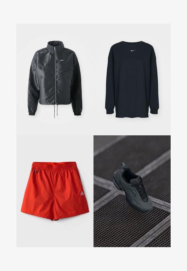 Svart cropped jakke med høy krage, glidelåsåpning, elastiske mansjetter og en hvit Nike-logo. Glatt, shiny stoff med en lett teksturert overflate.; Svart langermet T-skjorte laget av bomull med rund hals. Har en hvit Nike-logo på brystet. Myk tekstur, enkelt design.; Røde, lette svømmedragt med elastisk talje, indbygget snor og en lille logoaccent nederst til højre.; Mørkegrønne og sorte Nike Air-sneakers svevende over et metalgittergulv, som viser detaljer fra siden og toppen.