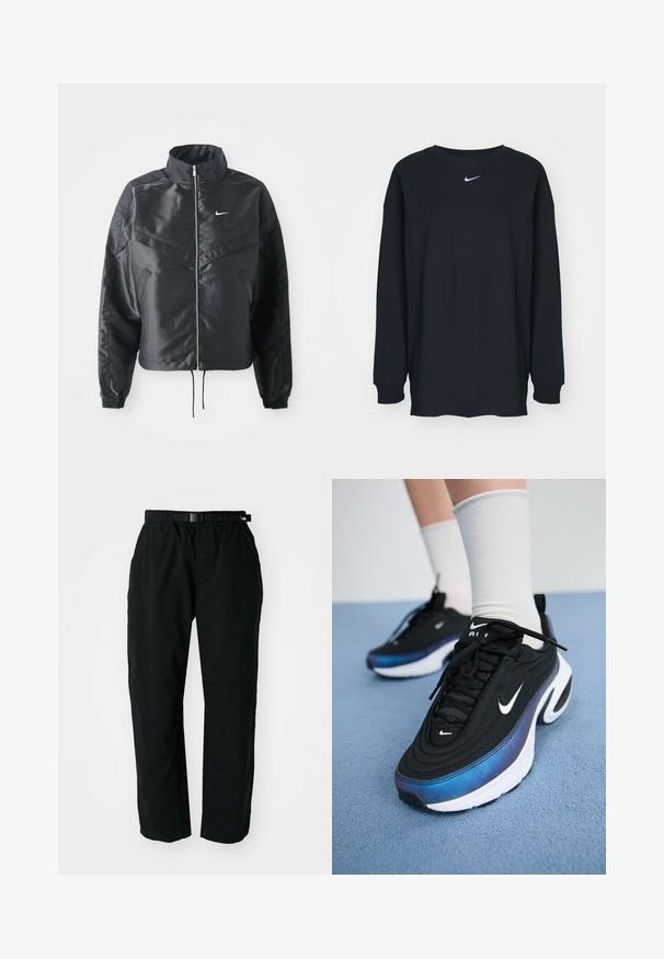 Crna kratka jakna s visokim ovratnikom, zatvaranjem na patentni zatvarač, elastinim rukavima i bijelim Nike logom. Glatka, sjajna tkanina s lagano teksturiranom površinom.; Crna dugih rukava majica od pamuka s okruglim izrezom. Sadrži bijeli Nike logo na prsima. Mekana tekstura, jednostavan dizajn.; Crne lagane hlače s elastičnim pojasom i podesivim remenom. Imaju sužene nogavice i ojačane paneli koljena za izdržljivost.; Crne Nike tenisice s glatkom tkaninom, s gradijentnim dizajnom od plave do crne boje, bijelim potplatom i istaknutim logotipovima.