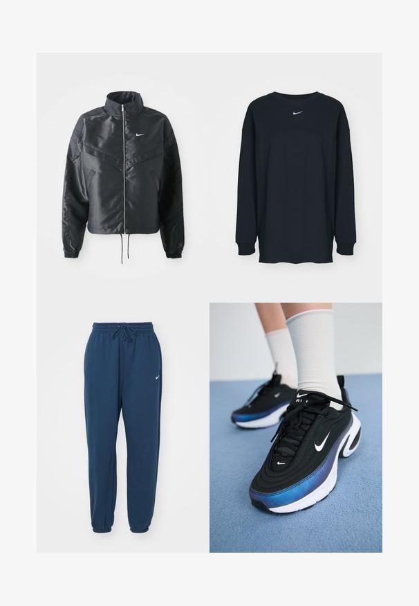 Svart cropped jakke med høy krage, glidelåsåpning, elastiske mansjetter og en hvit Nike-logo. Glatt, shiny stoff med en lett teksturert overflate.; Svart langermet T-skjorte laget av bomull med rund hals. Har en hvit Nike-logo på brystet. Myk tekstur, enkelt design.; Mørkeblå joggebukser laget av myk stoff, med elastisk midje med snor og en liten hvit Nike-logo på venstre side.; Sorte Nike joggesko med en glatt stoffoverdel, med et gradientdesign fra blått til svart, hvit såle og fremtredende logoaksenter.