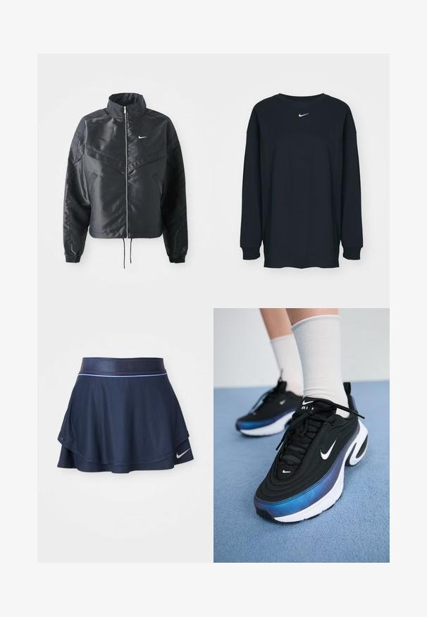 Must kolledžiga must lühike jope, millel on lukuga sulgus, elastne mansett ja valge Nike logo. Sile, läikiv kangas, millel on veidi tekstureeritud pind.; Must have pikkade varrukatega must T-särk, mis on valmistatud puuvillast ja millel on ümar kaelus. Rinnal on valge Nike logo. Pehme tekstuur, lihtne disain.; Tumesinine spordiseelik, mis on valmistatud ribakudumist, flöödidisainiga, laia vöökohtadega ja valge Nike logo ääres.; Mustad mustad Nike tossud, millel on sujuv kangaste ülemine osa ja gradientne sinine-must disain, valge tallaga ja silmatorkavate logode aktsentidega.