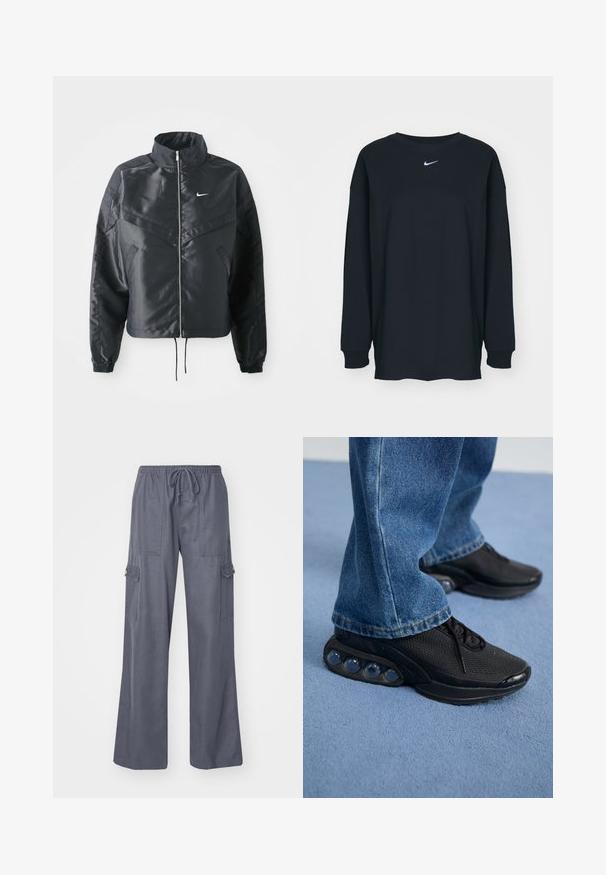 Fekete, rövidített dzseki magas gallérral, cipzáras záródással, elasztikus mandzsettákkal, és fehér Nike logóval. Simább, fényes anyag, enyhén textúrázott felülettel.; Fekete, hosszú ujjú pamut póló kerek nyakkivágással. Fehér Nike logó található a mellrészen. Puha tapintás, egyszerű design.; Szürke cargo nadrág, állítható derékkal, széles lábakkal és két oldalsó zsebbel. Puha, könnyű anyagból készült.; Fekete sportcipők hálós felsőrésszel, textúrázott részletekkel és a talpban látható lég párnázó zsebekkel. Kék farmernadrággal viselve.