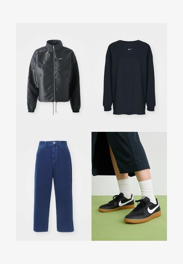 Čierna skrátená bunda s vysokým golierom, zipsovým uzatváraním, elastickými manžetami a bielym logom Nike. Hladká, lesklá tkanina s mierne textúrovaným povrchom.; Čierne tričko s dlhým rukávom z bavlny, s okrúhlym výstrihom. Na hrudi sa nachádza biele logo Nike. Jemná textúra, jednoduchý dizajn.; Tmavomodré široké džínsy z bavlnenej tkaniny, s vysokým pásom, prednými vreckami a kontrastným šitím.; Čierne kožené a syntetické tenisky so bielym logom Nike, gumenou podrážkou, okrúhlou špičkou a čiernymi šnúrkami. Viditeľné biele pruhované ponožky.