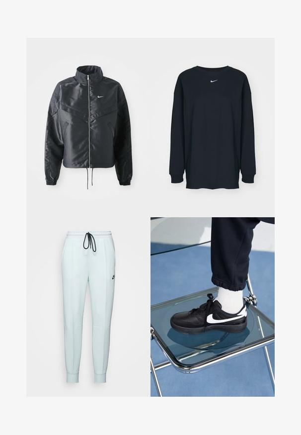 Czarna krótka kurtka z wysokim kołnierzem, zamek błyskawiczny, ściągacze z elastanu i białe logo Nike. Gładki, błyszczący materiał o lekko teksturowanej powierzchni.; Czarna, długosleeve'owa koszulka z bawełny z okrągłym dekoltem. Posiada białe logo Nike na piersi. Miękka faktura, prosty design.; Jasnozielone spodnie dresowe z elastycznym pasem na sznurki, dwoma bocznymi kieszeniami, zwężanymi nogawkami oraz czarnym logo Nike na lewej udzie.; Czarne sneakersy Nike z białymi akcentami, charakteryzujące się gładką skórzaną teksturą, zawiązywaną konstrukcją i zaokrąglonym noskiem, umieszczone na szklanym krześle.