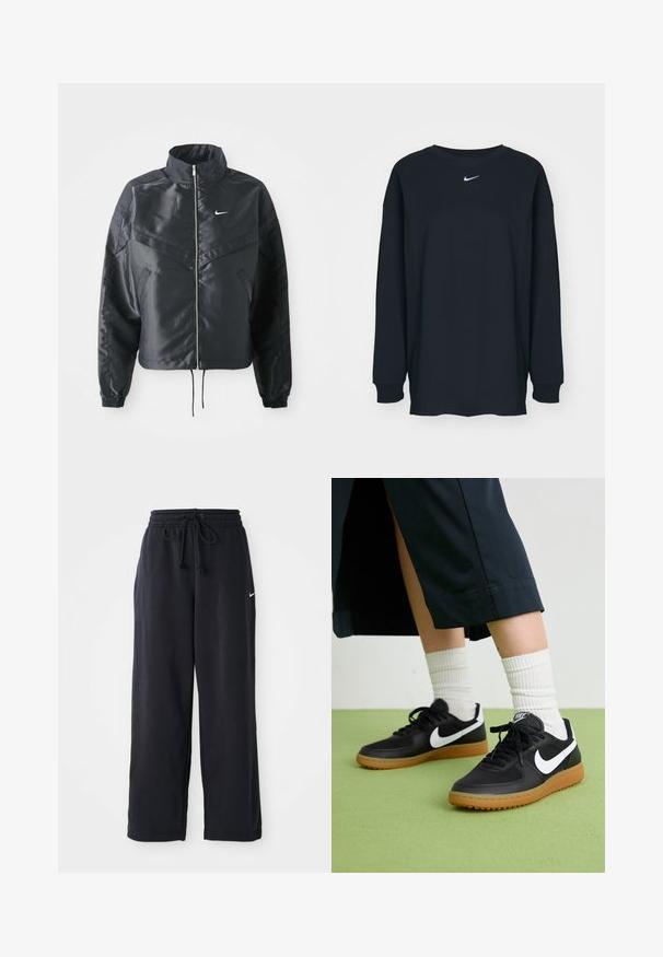 Zwarte cropped jack met hoge kraag, ritsluiting, elastische manchetten en een wit Nike-logo. Glad, glanzend materiaal met een licht gestructureerd oppervlak.; Zwarte lange mouwen T-shirt van katoen met een ronde hals. Bevat een wit Nike-logo op de borst. Zachte textuur, eenvoudig ontwerp.; Zwarte trainingsbroek met een elastische tailleband en trekkoord, voorzien van een klein wit Nike-logo aan de linkerkant.; Zwarte leren en synthetische sneakers met witte Nike swoosh, rubberen gumzool, ronde neus en zwarte veters. Geribbelde witte sokken zichtbaar.
