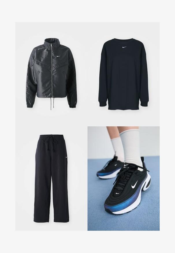 Fekete, rövidített dzseki magas gallérral, cipzáras záródással, elasztikus mandzsettákkal, és fehér Nike logóval. Simább, fényes anyag, enyhén textúrázott felülettel.; Fekete, hosszú ujjú pamut póló kerek nyakkivágással. Fehér Nike logó található a mellrészen. Puha tapintás, egyszerű design.; Fekete melegítőnadrág, elasztikus derékkal és zsinórral, a bal oldalon egy apró fehér Nike logóval.; Fekete Nike sportcipők sima szövet felsőrésszel, kék-fekete gradiens dizájnnal, fehér talppal és feltűnő logókkal.