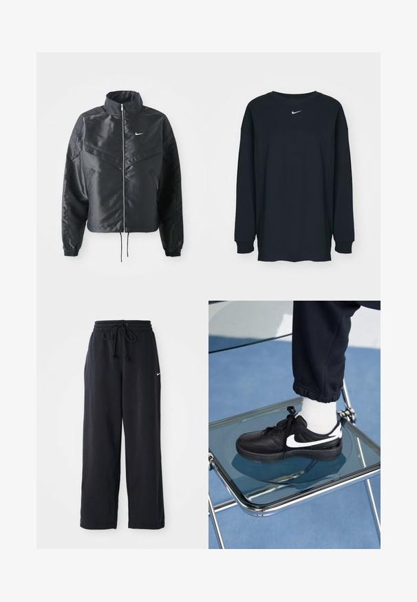 Mustat lyhyet takit, joissa on korkea kaulus, vetoketjukiinnitys, elastaanista valmistetut hihan suut ja valkoinen Nike-logo. Sileä, kiiltävä kangas, jossa on hieman tekstuuria.; Mustapaita, jossa on pitkät hihat ja pyöreä kaula-aukko, valmistettu puuvillasta. Rinnassa valkoinen Nike-logo. Pehmeä rakenne, yksinkertainen muotoilu.; Mustat collegehousut, joissa on elastinen vyötärö ja nauha, vasemmalla puolella pieni valkoinen Nike-logo.; Mustat Nike-tennarit valkoisilla yksityiskohdilla, joissa on sileä nahkapinta, nauhakiinnitys ja pyöreä varvas, aseteltuna lasituolille.