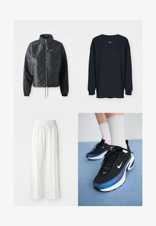 Juoda trumpa striukė su aukštu coloru, užtrauktuku, elastaniniu rankogaliu ir balta Nike logotipu. Lygus, blizgus audinys su šiek tiek tekstūruotu paviršiumi.; Juodas ilgam rankovėms marškinėlis, pagamintas iš medvilnės, su apvalia iškirpte. Krūtinėje yra baltas Nike logotipas. Minkšta tekstūra, paprastas dizainas.; Balti plačios kojų sportinės kelnės su elastingu juosmeniu ir raišteliu, su subtiliu smėlio spalvos šoniniu panele ir išgaubtu logotipo detale.; Juodi Nike sportbačiai su glotna audinio viršutine dalimi, turintys gradientinį mėlynos ir juodos spalvos dizainą, baltą pado dalį ir akcentuotus logotipus.