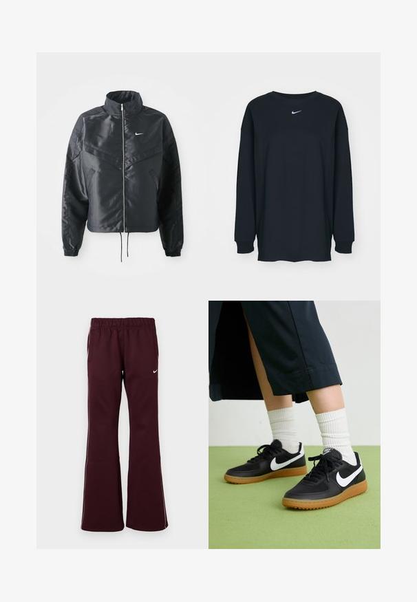 Black cropped jacket with high collar, zip closure, elastane cuffs, and a white Nike logo. Smooth, shiny fabric with a slightly textured surface.; Black long-sleeve T-shirt made of cotton with a crew neckline. Features a white Nike logo on the chest. Soft texture, simple design.; Maroon athletic pants with a flared design, elastic waistband, and side pockets. Features white piping and a small logo on the front.; Black leather and synthetic sneakers with white Nike swoosh, rubber gum sole, round toe, and black laces. Ribbed white socks visible.