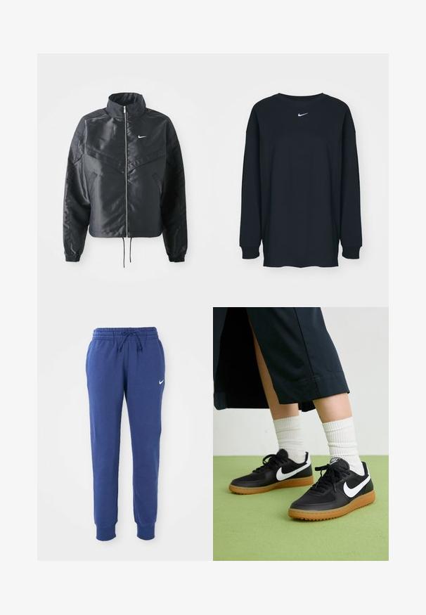 Černá zkrácená bunda s vysokým límcem, zipovým zapínáním, elastickými manžetami a bílým logem Nike. Hladká, lesklá látka s mírně strukturovaným povrchem.; Černé tričko s dlouhým rukávem vyrobené z bavlny s kulatým výstřihem. Na hrudi se nachází bílé logo Nike. Měkká textura, jednoduchý design.; Modré Nike tepláky s elastickým pasem, šnurováním, manžetami na kotnících a bílým logem Nike swoosh na levé stehno.; Černé kožené a syntetické tenisky s bílým logem Nike, gumovou podrážkou, kulatou špičkou a černými tkaničkami. Viditelné žebrované bílé ponožky.