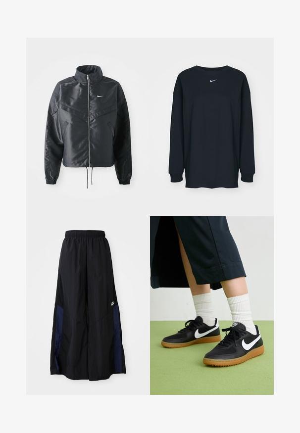 Černá zkrácená bunda s vysokým límcem, zipovým zapínáním, elastickými manžetami a bílým logem Nike. Hladká, lesklá látka s mírně strukturovaným povrchem.; Černé tričko s dlouhým rukávem vyrobené z bavlny s kulatým výstřihem. Na hrudi se nachází bílé logo Nike. Měkká textura, jednoduchý design.; Černé kalhoty širokého střihu vyrobené z lehkého materiálu, s námořnickou modrou bočním panelem a elastickým pasem. Malé bílé logo na spodní části.; Černé kožené a syntetické tenisky s bílým logem Nike, gumovou podrážkou, kulatou špičkou a černými tkaničkami. Viditelné žebrované bílé ponožky.