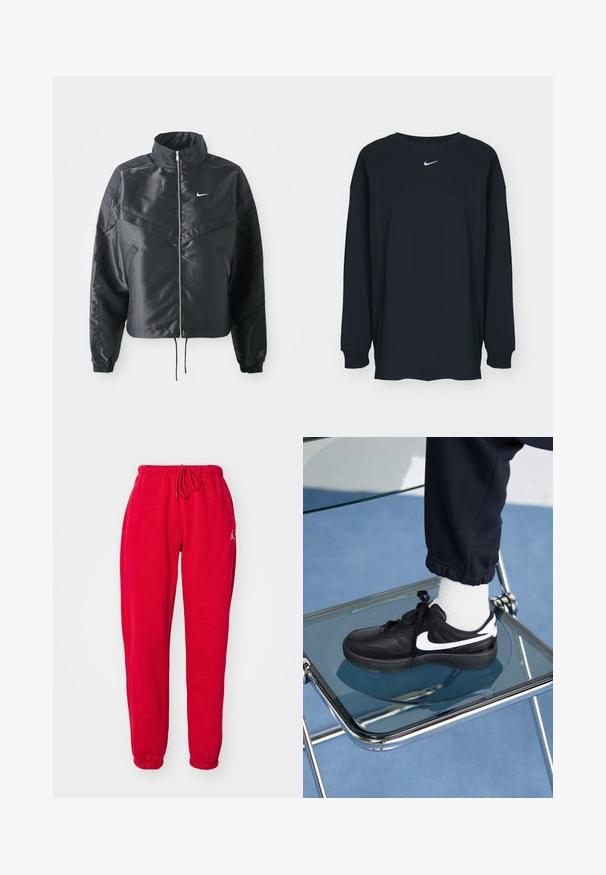 Mustat lyhyet takit, joissa on korkea kaulus, vetoketjukiinnitys, elastaanista valmistetut hihan suut ja valkoinen Nike-logo. Sileä, kiiltävä kangas, jossa on hieman tekstuuria.; Mustapaita, jossa on pitkät hihat ja pyöreä kaula-aukko, valmistettu puuvillasta. Rinnassa valkoinen Nike-logo. Pehmeä rakenne, yksinkertainen muotoilu.; Punaiset collegehousut joustavalla vyötärönauhalla ja narulla. Ominaisuuksiin kuuluvat käännetyt lahkeet ja pieni logokohta vasemmassa yläreunassa. Pehmeä pinta.; Mustat Nike-tennarit valkoisilla yksityiskohdilla, joissa on sileä nahkapinta, nauhakiinnitys ja pyöreä varvas, aseteltuna lasituolille.