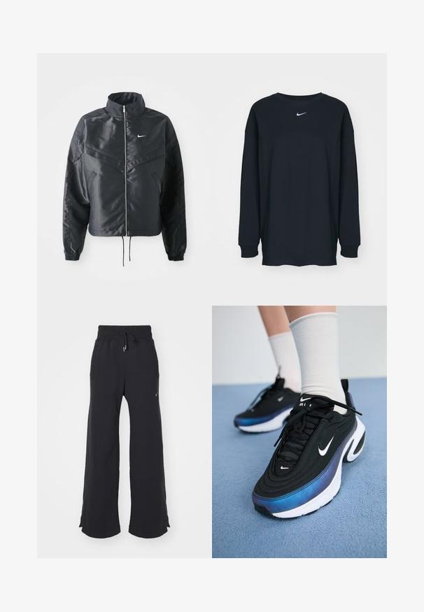 Černá zkrácená bunda s vysokým límcem, zipovým zapínáním, elastickými manžetami a bílým logem Nike. Hladká, lesklá látka s mírně strukturovaným povrchem.; Černé tričko s dlouhým rukávem vyrobené z bavlny s kulatým výstřihem. Na hrudi se nachází bílé logo Nike. Měkká textura, jednoduchý design.; Černé tepláky s širokým nohavicovým designem, elastickým pasem, šňůrkou, bočními kapsami a malým logem na levém stehně. Měkká textilie.; Černé tenisky Nike s hladkým textilním svrškem, s přechodem barev od modré k černé, bílou podešví a výraznými akcenty loga.