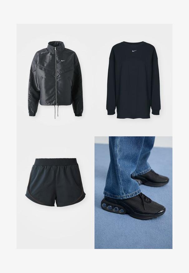 Casaco preto curto com colarinho alto, fecho de zip, punhos em elastano e um logótipo Nike branco. Tecido suave e brilhante com uma superfície ligeiramente texturizada.; Camisola preta de mangas longas feita de algodão com decote redondo. Apresenta um logótipo branco da Nike no peito. Textura suave, design simples.; Calções atléticos pretos com uma cintura canelada, com costuras laterais e detalhes castanhos, feitos de um tecido leve e suave.; Ténis atléticos pretos com parte superior em malha, detalhes texturizados e almofadas de amortecimento de ar visíveis na sola. Usados com uns jeans de ganga azuis.