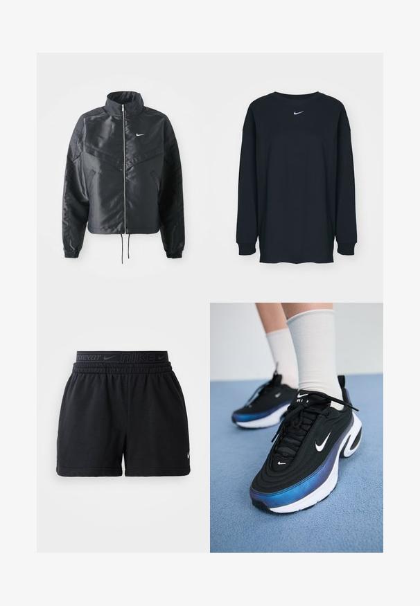 Must kolledžiga must lühike jope, millel on lukuga sulgus, elastne mansett ja valge Nike logo. Sile, läikiv kangas, millel on veidi tekstureeritud pind.; Must have pikkade varrukatega must T-särk, mis on valmistatud puuvillast ja millel on ümar kaelus. Rinnal on valge Nike logo. Pehme tekstuur, lihtne disain.; Mustad mustrite shorts elastse paeltega, millel on "Nike" bränding. Valmistatud pehmest kangast, millel on lahti sobivus ja õmblustega ääred.; Mustad mustad Nike tossud, millel on sujuv kangaste ülemine osa ja gradientne sinine-must disain, valge tallaga ja silmatorkavate logode aktsentidega.