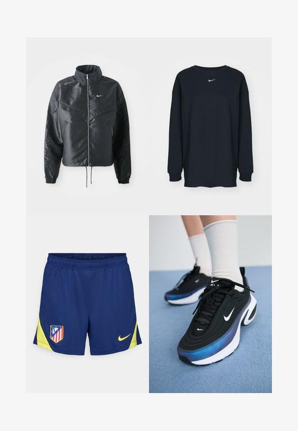 Veste noire courte avec col haut, fermeture éclair, poignets en élasthanne et logo Nike blanc. Tissu lisse et brillant avec une surface légèrement texturée.; T-shirt noir à manches longues en coton avec un col rond. Présente un logo Nike blanc sur la poitrine. Texture douce, design simple.; Shorts de sport bleu marine avec des accents jaunes, dotés d'une taille élastique et d'inserts latéraux. Logo du club brodé sur la cuisse gauche.; Baskets Nike noires avec un dessus en tissu lisse, présentant un design dégradé allant du bleu au noir, une semelle blanche et des accents de logo bien visibles.