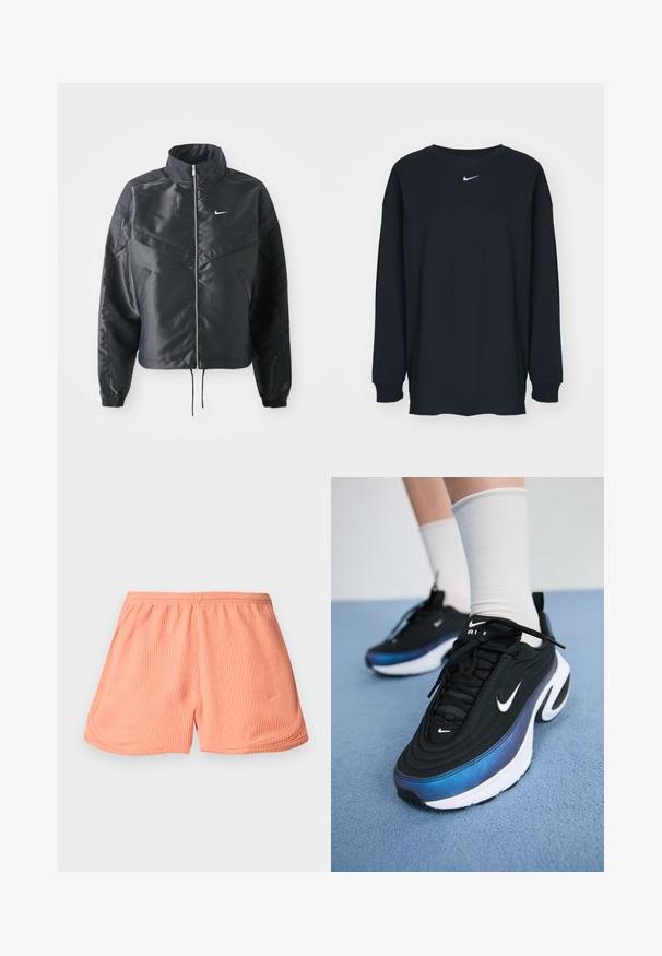 Fekete, rövidített dzseki magas gallérral, cipzáras záródással, elasztikus mandzsettákkal, és fehér Nike logóval. Simább, fényes anyag, enyhén textúrázott felülettel.; Fekete, hosszú ujjú pamut póló kerek nyakkivágással. Fehér Nike logó található a mellrészen. Puha tapintás, egyszerű design.; Rózsaszín bordázott sportbermuda, rugalmas derékkal és oldalsó varrattal, amelyen egy kis logó található az alsó bal elülső részen.; Fekete Nike sportcipők sima szövet felsőrésszel, kék-fekete gradiens dizájnnal, fehér talppal és feltűnő logókkal.