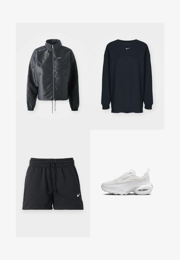 Svart cropped jakke med høy krage, glidelåsåpning, elastiske mansjetter og en hvit Nike-logo. Glatt, shiny stoff med en lett teksturert overflate.; Svart langermet T-skjorte laget av bomull med rund hals. Har en hvit Nike-logo på brystet. Myk tekstur, enkelt design.; Svarte Nike treningsshorts med elastisk midjebånd, snor, sidelommer og hvit Swoosh-logo på venstre ben.; Hvit sneakers med en bølget overdel, teksturert stoff, polstret såle og synlig luftenhet. Har snøring foran og opphengsrem.