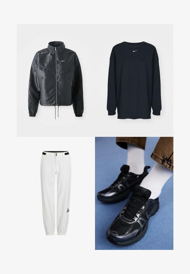 Svart kort jacka med hög krage, dragkedja, ärmslut i elastan och en vit Nike-logotyp. Slät, glänsande tyg med en något strukturerad yta.; Svart långärmad T-shirt i bomull med rundad halsringning. Har en vit Nike-logotyp på bröstet. Mjuk textur, enkelt design.; Vita byxor med ett elastiskt midjeband, som har två knappar och svarta kardborreaccenter. Inkluderar en liten, triangulär logopatch på sidan.; Svarta Nike sportskor med en mesh-överdela och glansiga detaljer, svarta snörningar och en texturerad sula. Matchas med vita ribbade strumpor.