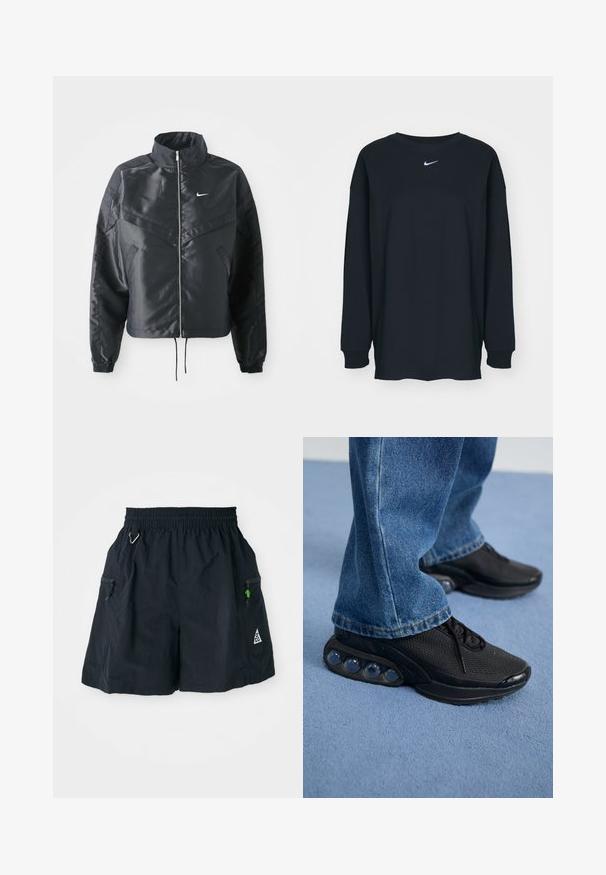 Casaco preto curto com colarinho alto, fecho de zip, punhos em elastano e um logótipo Nike branco. Tecido suave e brilhante com uma superfície ligeiramente texturizada.; Camisola preta de mangas longas feita de algodão com decote redondo. Apresenta um logótipo branco da Nike no peito. Textura suave, design simples.; Shorts pretos feitos de um tecido leve, com uma cintura elástica, bolsos laterais com zíperes e um logótipo triangular na bainha.; Ténis atléticos pretos com parte superior em malha, detalhes texturizados e almofadas de amortecimento de ar visíveis na sola. Usados com uns jeans de ganga azuis.