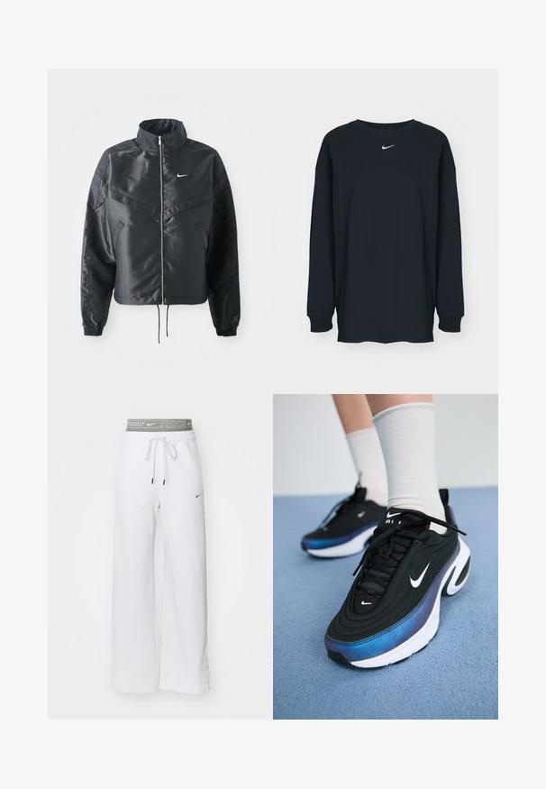 Črna skrajšana jakna z visokim ovratnikom, zadrgo, elastan rokavi in belim logotipom Nike. Gladek, sijoč material z rahlo teksturirano površino.; Črna dolgotrajna majica z dolgimi rokavi iz bombaža z okruglim izrezom. Ima bel Nike logo na prsih. Mehek material, preprost dizajn.; Bele hlače iz mehkega blaga, z sivim elastičnim pasom z blagovno znamko "Nike", zapiranjem na vrvico in stranskimi razporki.; Črne Nike športne copate z gladkim zgornjim delom iz tkanine, ki imajo gradientni dizajn od modre do črne, belo podplat in izrazite logotipne akcenta.