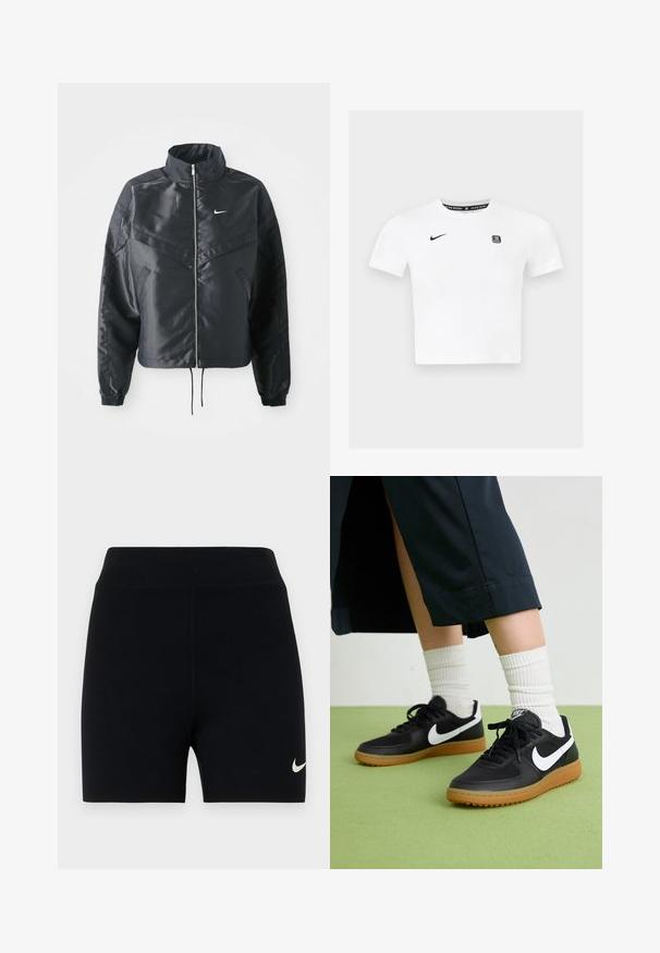 Svart cropped jakke med høy krage, glidelåsåpning, elastiske mansjetter og en hvit Nike-logo. Glatt, shiny stoff med en lett teksturert overflate.; Hvit kortermet t-skjorte med rund hals, svart Nike-logo på venstre bryst, og et grafisk merke inne i kragen.; Svarte treningsshorts laget av elastisk stoff med høy midje. Har en liten hvit Nike-logo på venstre side. Glatt tekstur.; Sorte lær- og syntetiske joggesko med hvit Nike swoosh, gummisåle, rund tå og sorte lisser. Ribbet hvite sokker synlige.