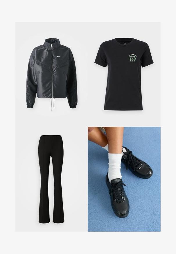 Melna apgriezta jaka ar augstu apkakli, rāvējslēdzēja aizdari, elastīna aprocēm un baltu Nike logo. Gluda, spīdīga auduma ar nedaudz teksturētu virsmu.; Converse FOREST ART TEE - Apdrukāts T-krekls - black; Melni plati bikses ar ribotu tekstūru, ar pieguļošu jostasvietu un šuvēm, piemērotas dažādām norisēm.; Melni Nike sporta apavi ar teksturētu virsmu, spīdīgām akcentiem un noapaļotām mežģīnēm. Tie ir apģērbi ar baltām ribotām zeķēm uz gaiši zila fona.