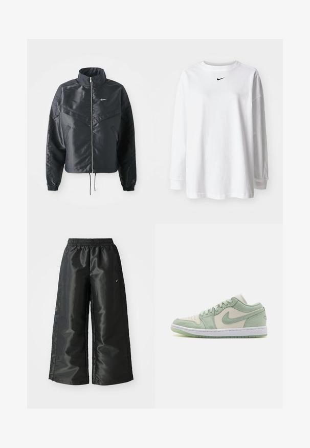 Schwarze, verkürzte Jacke mit hohem Kragen, Reißverschluss, Elastan-Ärmeln und einem weißen Nike-Logo. Glattes, glänzendes Material mit leicht strukturiertem Oberflächeneffekt.; Weißes Langarm-T-Shirt aus Baumwolle mit Rundhalsausschnitt und kleinem schwarzem Nike-Logo auf der Brust. Einfaches Design, lockere Passform.; Schwarze Sporthose aus glänzendem, glattem Stoff, mit einem elastischen Bund, weitem Bein und einem kleinen Logo auf der linken Seite.; Nike Air Jordan 1 Low; verfügt über leicht grünes und cremefarbenes Leder, Suede-Akzente, perforierte Zehenpartie, weiße Zwischensohle und transparente grüne Außensohle.