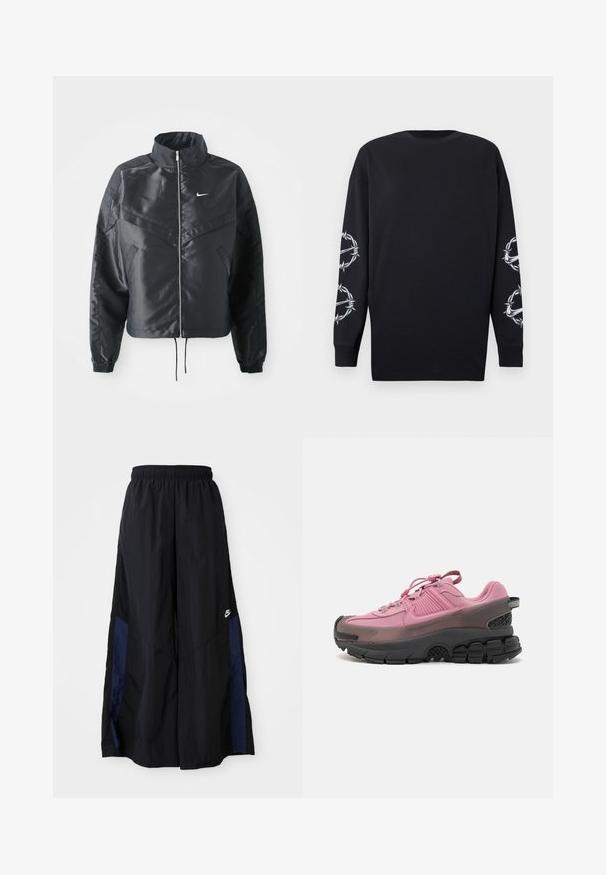 Melna apgriezta jaka ar augstu apkakli, rāvējslēdzēja aizdari, elastīna aprocēm un baltu Nike logo. Gluda, spīdīga auduma ar nedaudz teksturētu virsmu.; Melna gara piedurkne krekls ar apaļu izgriezumu, uz abām piedurknēm ar baltām žogmalu un ērkšķu grafikām.; Melni plata kāju bikses no viegla auduma, ar tumši zilu sānu paneli un elastīgu jostu. Mazs balts logotips apakšā.; Sporta apavi ar rozā sintētisko augšdaļu un melno gumijas zoli. Iespējas ietver teksturētu dizainu, atstarojošus akcentus un mīkstinātu zoli atbalstam.
