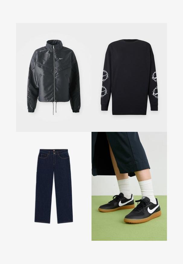 Mustat lyhyet takit, joissa on korkea kaulus, vetoketjukiinnitys, elastaanista valmistetut hihan suut ja valkoinen Nike-logo. Sileä, kiiltävä kangas, jossa on hieman tekstuuria.; Musta pitkähihaine paita pyöreällä kaula-aukkolla, jossa on valkoista piikkilanka- ja orjantappurakuviota molemmissa hihoissa.; Tummansiniset farkut suoraan leikkauksella, joissa on viisi taskua ja erottuva oranssi ommel. Vyötäröosuuteen kuuluu metallinen nappi ja vetoketju.; Mustat nahka- ja synteettiset urheilukengät, joissa on valkoinen Nike-merkki, kuminen pohja, pyöreä kärki ja mustat nauhat. Raitapintaiset valkoiset sukat näkyvissä.