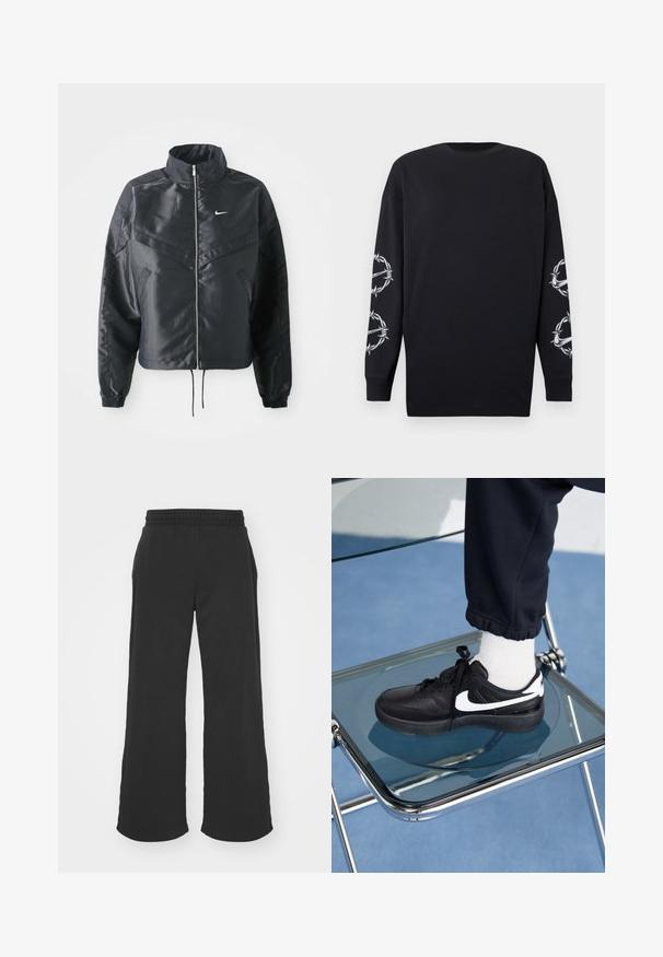 Mustat lyhyet takit, joissa on korkea kaulus, vetoketjukiinnitys, elastaanista valmistetut hihan suut ja valkoinen Nike-logo. Sileä, kiiltävä kangas, jossa on hieman tekstuuria.; Musta pitkähihaine paita pyöreällä kaula-aukkolla, jossa on valkoista piikkilanka- ja orjantappurakuviota molemmissa hihoissa.; Mustat väljät collegehousut, joissa on joustava vyötärö. Pehmeä kangas, suora leikkaus, ei näkyviä taskuja tai kuvioita, sileä pinta.; Mustat Nike-tennarit valkoisilla yksityiskohdilla, joissa on sileä nahkapinta, nauhakiinnitys ja pyöreä varvas, aseteltuna lasituolille.