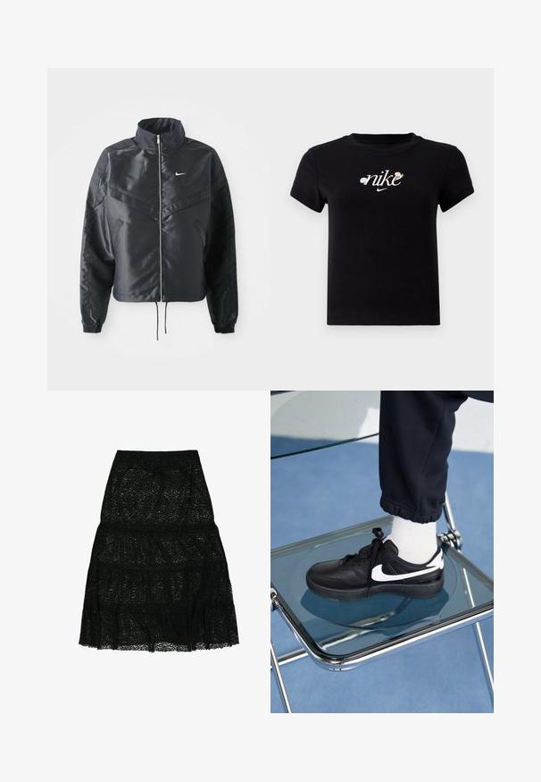 Sort cropped jakke med høj krave, lynlås lukning, elastiske manchetter og et hvidt Nike-logo. Glat, blankt stof med en let struktureret overflade.; Sort bomulds t-shirt med rund hals, korte ærmer og et hvidt "nike" logo prydet med blomsterdetaljer i midten.; Sort blonde nederdel med lagdelt design og flagrende kant. Elastisk talje for komfort. Let og semi-gennemsigtig tekstur.; Sorte Nike sneakers med hvide detaljer, der har en glat læderoverflade, snørebånd og rund tå, placeret på en glasstol.