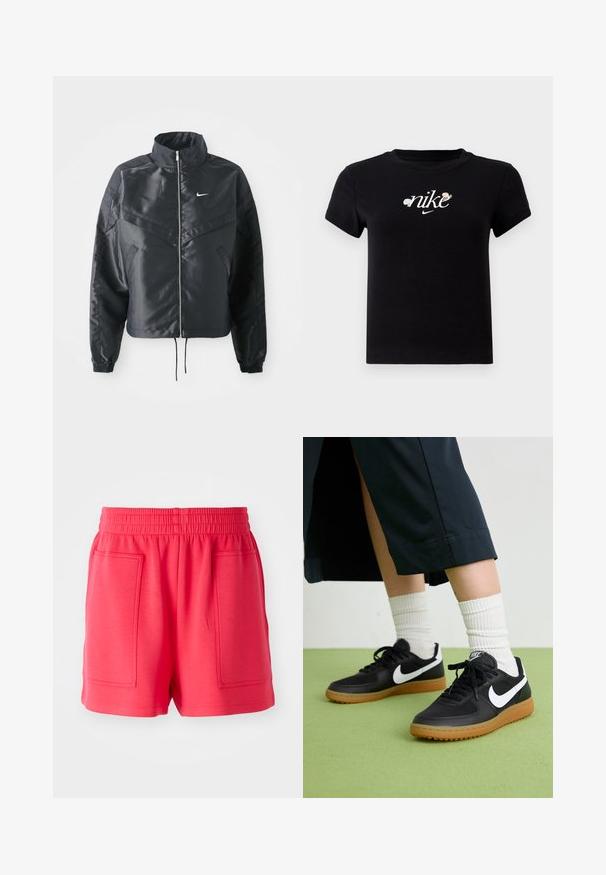 Čierna skrátená bunda s vysokým golierom, zipsovým uzatváraním, elastickými manžetami a bielym logom Nike. Hladká, lesklá tkanina s mierne textúrovaným povrchom.; Čierne bavlnené tričko s kruhovým výstrihom, krátkymi rukávmi a bielym logom "nike" zdobeným kvetinovými akcentmi uprostred.; Červené športové šortky vyrobené z ľahkej tkaniny, s elastickým pásom a dvoma veľkými prednými vreckami. Hladká textúra, dĺžka po koleno.; Čierne kožené a syntetické tenisky so bielym logom Nike, gumenou podrážkou, okrúhlou špičkou a čiernymi šnúrkami. Viditeľné biele pruhované ponožky.