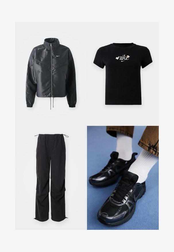 Černá zkrácená bunda s vysokým límcem, zipovým zapínáním, elastickými manžetami a bílým logem Nike. Hladká, lesklá látka s mírně strukturovaným povrchem.; Černé bavlněné tričko s kulatým výstřihem, krátkými rukávy a bílým logem "nike" zdobeným květinovými akcenty uprostřed.; HUGO HAFISA - Kalhoty - black; Černé sportovní boty Nike mají síťovinový svršek s lesklými akcenty, černé tkaničky a texturovanou podrážku. V kombinaci s bílými žebrovanými ponožkami.