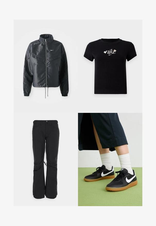 Zwarte cropped jack met hoge kraag, ritsluiting, elastische manchetten en een wit Nike-logo. Glad, glanzend materiaal met een licht gestructureerd oppervlak.; Zwarte katoenen t-shirt met een ronde hals, korte mouwen en een witte "nike"-logo versierd met bloemenaccenten in het midden.; Zwarte skibroek van duurzaam materiaal, met een rechte pijpdesign, twee zijzakken en verstelbare manchetten met trekkoorden.; Zwarte leren en synthetische sneakers met witte Nike swoosh, rubberen gumzool, ronde neus en zwarte veters. Geribbelde witte sokken zichtbaar.