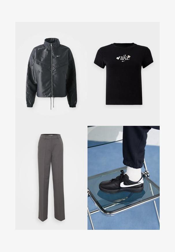 Černá zkrácená bunda s vysokým límcem, zipovým zapínáním, elastickými manžetami a bílým logem Nike. Hladká, lesklá látka s mírně strukturovaným povrchem.; Černé bavlněné tričko s kulatým výstřihem, krátkými rukávy a bílým logem "nike" zdobeným květinovými akcenty uprostřed.; Šedé kalhoty na míru se střihovým provedením rovného nohavice, poutky na pásek a hladkou texturou látky. Žádné viditelné vzory ani ozdoby.; Černé tenisky Nike s bílými akcenty, s hladkou koženou texturou, šněrovacím designem a zaoblenou špičkou, umístěné na skleněné židli.