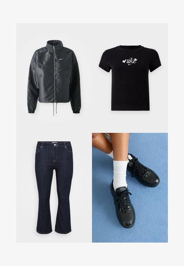 Czarna krótka kurtka z wysokim kołnierzem, zamek błyskawiczny, ściągacze z elastanu i białe logo Nike. Gładki, błyszczący materiał o lekko teksturowanej powierzchni.; Czarna bawełniana koszulka z okrągłym dekoltem, krótkimi rękawami oraz białym logo "nike" ozdobionym kwiatowymi akcentami na środku.; Ciemnoniebieskie dżinsy typu dzwony z klasycznym pięciopocketowym designem, metalowym zapięciem oraz kontrastowymi szwami.; Czarne sneakersy Nike mają fakturowaną cholewkę, błyszczące akcenty i okrągłe sznurowadła. Są zestawione z białymi skarpetami o żebrowanej strukturze na jasnoniebieskiej powierzchni.