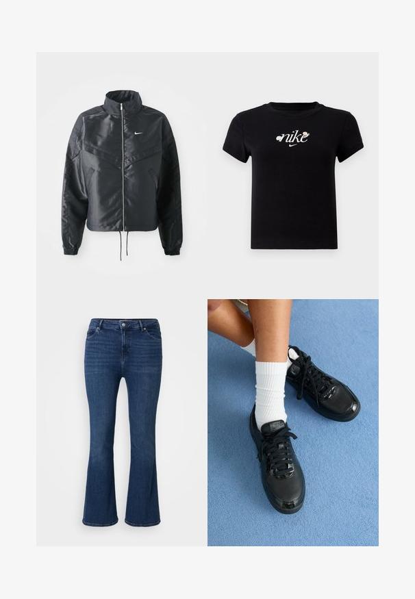 Čierna skrátená bunda s vysokým golierom, zipsovým uzatváraním, elastickými manžetami a bielym logom Nike. Hladká, lesklá tkanina s mierne textúrovaným povrchom.; Čierne bavlnené tričko s kruhovým výstrihom, krátkymi rukávmi a bielym logom "nike" zdobeným kvetinovými akcentmi uprostred.; Tmavomodré rozšírené jeansy vyrobené z denimu s dizajnom piatich vreciek a zipsom. Tkanina má jemnú textúru a klasický finiš.; Čierne tenisky Nike majú štruktúrovaný zvršok, lesklé akcenty a okrúhle šnúrky. Sú skombinované s bielymi rebrovanými ponožkami na svetlomodrom povrchu.