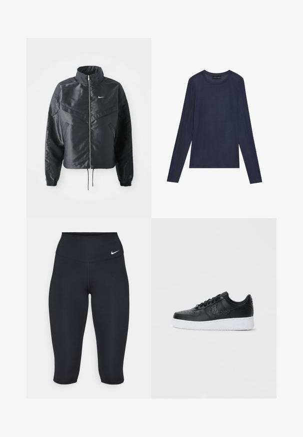 Casaco preto curto com colarinho alto, fecho de zip, punhos em elastano e um logótipo Nike branco. Tecido suave e brilhante com uma superfície ligeiramente texturizada.; T-shirt de manga longa azul-marinho feito de tecido suave e leve. Apresenta um decote redondo e detalhes de costura ao longo das mangas e dos lados.; As calças capri pretas da Nike apresentam uma cintura alta, um tecido elástico suave e um detalhe sutil do logo na frente.; Sapatilhas pretas em pele com caixa de biqueira perfurada, sola de borracha branca e logótipo da Nike texturizado. Apresenta atacadores redondos e colarinho acolchoado.