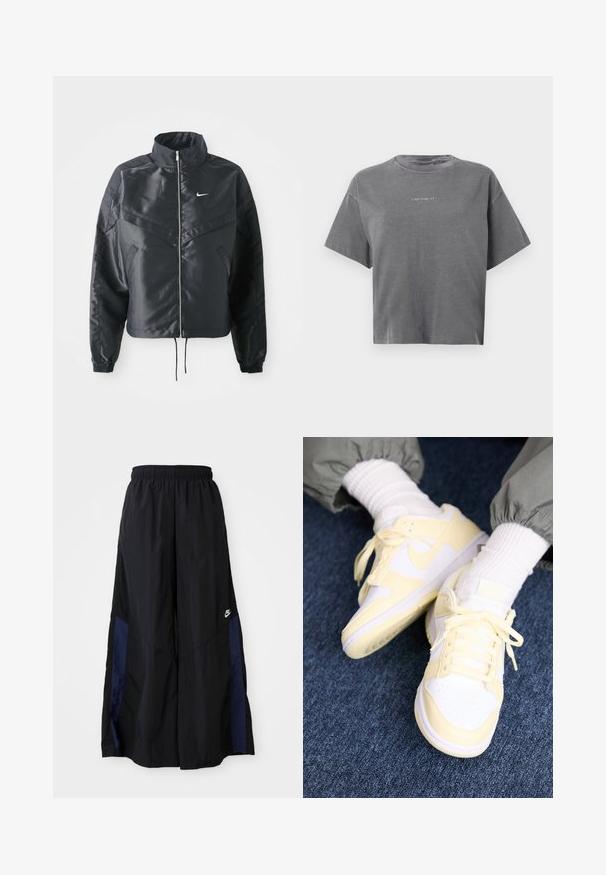 Jachetă croppată neagră cu guler înalt, închidere cu fermoar, manșete din elastan și un logo alb Nike. Material neted, lucios, cu o suprafață ușor texturată.; Tricou scurt cu mâneci scurte, gri, croppat, cu guler rotund și un mic logo alb "carhartt" centrat în față.; Pantaloni negri cu croi larg, confecționați dintr-un material ușor, având un panou lateral albastru marin și un brâu elastic. Logo mic alb în partea de jos.; Nike Sportswear DUNK NEXT NATURE - Sneakers low - white/alabaster