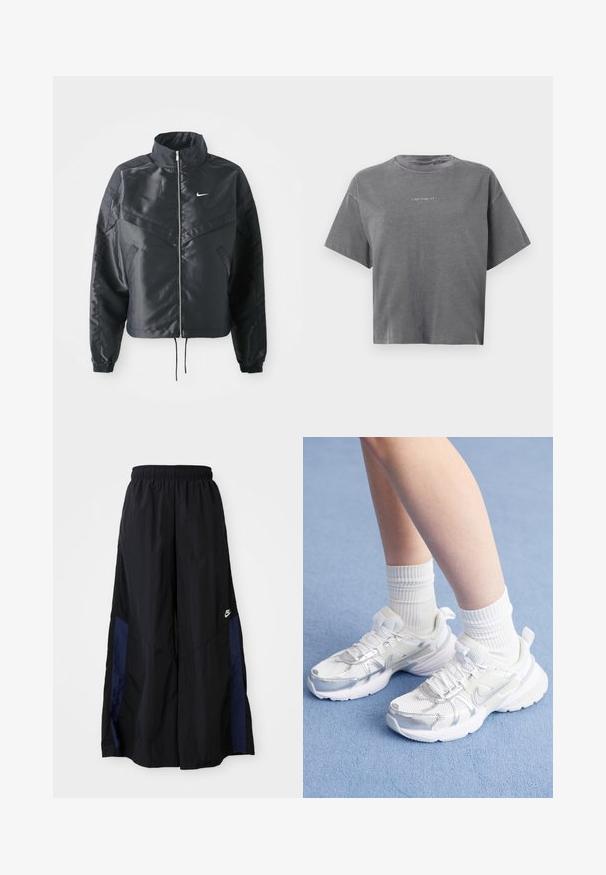 Jachetă croppată neagră cu guler înalt, închidere cu fermoar, manșete din elastan și un logo alb Nike. Material neted, lucios, cu o suprafață ușor texturată.; Tricou scurt cu mâneci scurte, gri, croppat, cu guler rotund și un mic logo alb "carhartt" centrat în față.; Pantaloni negri cu croi larg, confecționați dintr-un material ușor, având un panou lateral albastru marin și un brâu elastic. Logo mic alb în partea de jos.; Pantofi sport albi cu plasă și suprapuneri sintetice, având un swoosh Nike argintiu și însoțiți de șosete albe cu nervuri, pe o suprafață albastră.