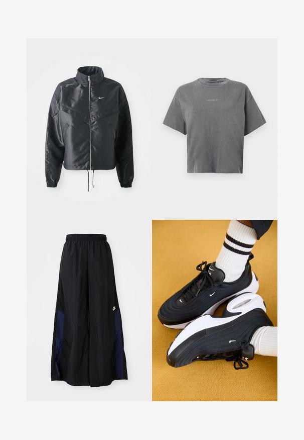 Casaco preto curto com colarinho alto, fecho de zip, punhos em elastano e um logótipo Nike branco. Tecido suave e brilhante com uma superfície ligeiramente texturizada.; T-shirt curta cinza de manga curta com gola redonda e pequeno logótipo branco "carhartt" centrado na parte da frente.; Calças largas pretas feitas de tecido leve, com um painel lateral azul-marinho e cintura elástica. Pequeno logótipo branco na parte inferior.; Sapatilhas Nike Air Max 97 pretas com parte superior texturizada, sola branca e detalhes pretos. Usadas com meias brancas com nervuras e riscas pretas.
