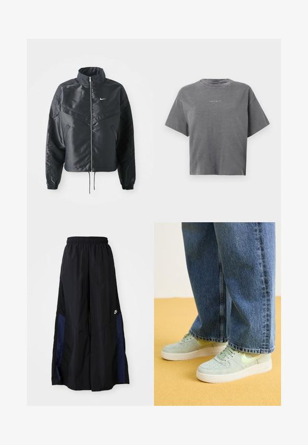 Svart cropped jakke med høy krage, glidelåsåpning, elastiske mansjetter og en hvit Nike-logo. Glatt, shiny stoff med en lett teksturert overflate.; Grå kortermet cropped T-skjorte med rund hals og liten sentrert hvit "carhartt" logo på forsiden.; Svarte vide bukser laget av lett stoff, med et marineblått sidestykke og elastisk midjebånd. Liten hvit logo nederst.; Lys grønn semsket sneakers med perforeringer og en blek gul swoosh, kombinert med vide blå denimjeans. Flatt gummisåle, teksturert stoff.