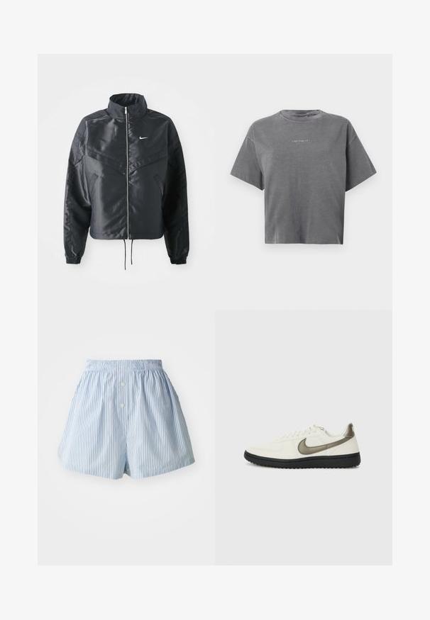 Melna apgriezta jaka ar augstu apkakli, rāvējslēdzēja aizdari, elastīna aprocēm un baltu Nike logo. Gluda, spīdīga auduma ar nedaudz teksturētu virsmu.; Pelēks īsām piedurknēm, īsais T-krekls ar apaļu kakla izgriezumu un nelielu centrētu baltu "carhartt" logotipu priekšā.; Zili un balti svītraini šorti, izgatavoti no viegla auduma, ar elastīgu jostu un diviem priekšējiem pogām.; Nike Sportswear FIELD GENERAL - Treniņu apavi - off-white/black