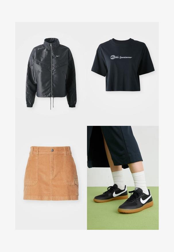 Veste noire courte avec col haut, fermeture éclair, poignets en élasthanne et logo Nike blanc. Tissu lisse et brillant avec une surface légèrement texturée.; T-shirt noir en coton coupé avec des manches courtes, arborant un texte blanc "Vice Sportswear" et un graphique circulaire sur le devant.; Jupe mini en velours côtelé marron clair, dotée d'une taille haute, de poches avant et d'une texture lisse avec des côtes verticales.; Baskets noires en cuir et synthétique avec le swoosh blanc de Nike, semelle en caoutchouc, bout rond et lacets noirs. Chaussettes blanches côtelées visibles.