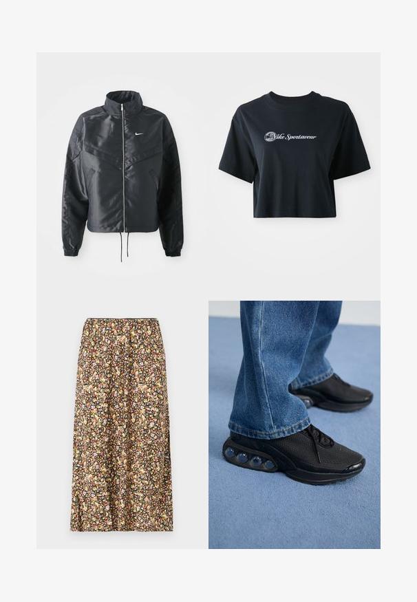 Must kolledžiga must lühike jope, millel on lukuga sulgus, elastne mansett ja valge Nike logo. Sile, läikiv kangas, millel on veidi tekstureeritud pind.; Lühikeste varrukatega must puuvillane t-särk, millel on ees valge tekst "Vice Sportswear" ja ringikujuline graafika.; Lilledega seelik mustal taustal, millel on erinevad väikesed lillemotivid roosa, kollase ja valge värviga. Elastiivne vöökoht ja põlvekõrgune lõige.; Mustad mustandid jooksujalatsid, millel on võrkmaterjalist ülemine osa, tekstuuriga detailid ja nähtavad õhkpadjad tallas. Kandmine siniste teksadega.