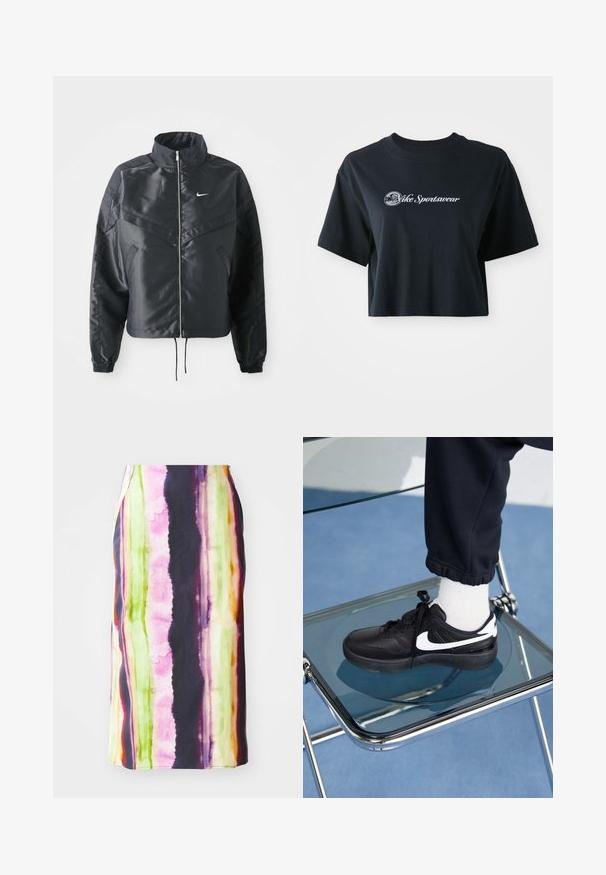 Svart kort jacka med hög krage, dragkedja, ärmslut i elastan och en vit Nike-logotyp. Slät, glänsande tyg med en något strukturerad yta.; Skuren svart bomulls t-shirt med korta ärmar, med vit text "Vice Sportswear" och en cirkulär grafik framtill.; Färgglad knälång kjol med vertikala ränder i rosa, grön, gul och lila. Tillverkad av ett mjukt tyg med en lätt glans.; Svarta Nike-sneakers med vita detaljer, med en slät läderstruktur, snörningsdesign och rund tå, placerade på en glasstol.