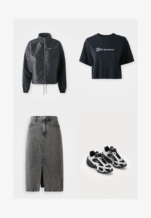 Zwarte cropped jack met hoge kraag, ritsluiting, elastische manchetten en een wit Nike-logo. Glad, glanzend materiaal met een licht gestructureerd oppervlak.; Korte zwarte katoenen t-shirt met korte mouwen, voorzien van witte tekst "Vice Sportswear" en een ronde afbeelding aan de voorkant.; Hoge taille, vervaagde zwarte denim midi-jurk met een split aan de voorkant, riemlussen en een klassieke vijf-pocket ontwerp.; Zwarte en zilveren sportschoenen met een bovenwerk van mesh en synthetisch materiaal, voorzien van een kenmerkend golvend ontwerp en een gevoerde kraag, met luchtkussens in de zool.