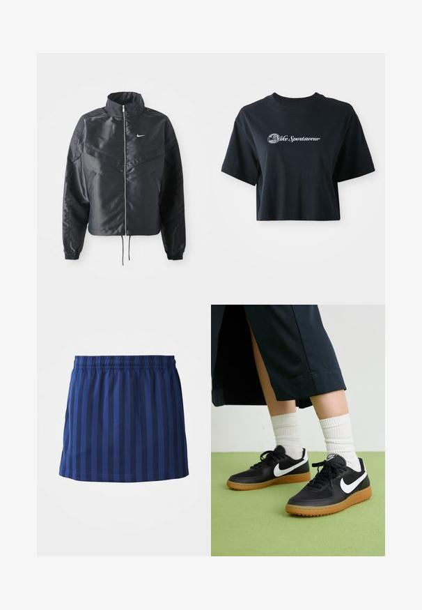 Casaco preto curto com colarinho alto, fecho de zip, punhos em elastano e um logótipo Nike branco. Tecido suave e brilhante com uma superfície ligeiramente texturizada.; T-shirt preta de algodão, cortada, com mangas curtas, apresentando o texto branco "Vice Sportswear" e um gráfico circular na parte da frente.; Saia azul marinho com riscas verticais, cintura elástica, comprimento até a meio da coxa, feita de tecido leve, textura suave.; Sapatilhas pretas em couro e sintético com o logo da Nike em branco, sola de borracha tipo goma, bico redondo e atacadores pretos. Meias brancas com frunces visíveis.