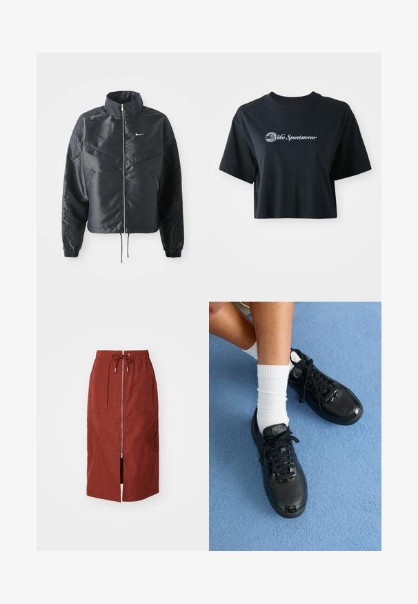 Svart cropped jakke med høy krage, glidelåsåpning, elastiske mansjetter og en hvit Nike-logo. Glatt, shiny stoff med en lett teksturert overflate.; Kuttet svart bomull t-skjorte med korte ermer, med hvit tekst "Vice Sportswear" og en sirkulær grafikk på fronten.; Mid-length skjørt i terrakottarødt, med frontglidelås, elastisk midje med snor, og side lommer med geometrisk design.; Sorte Nike-sneakers har en teksturert overdel, blanke detaljer og runde skolisser. De er kombinert med hvite ribbede sokker på en lyseblå overflate.