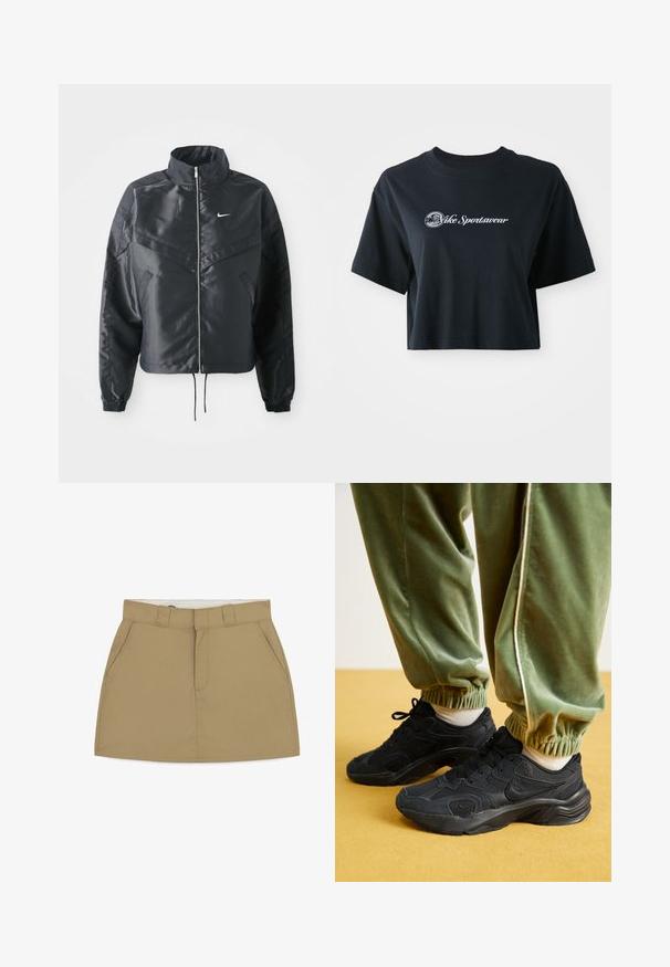 Schwarze, verkürzte Jacke mit hohem Kragen, Reißverschluss, Elastan-Ärmeln und einem weißen Nike-Logo. Glattes, glänzendes Material mit leicht strukturiertem Oberflächeneffekt.; Gekürztes schwarzes Baumwoll-T-Shirt mit kurzen Ärmeln, das weißen Text "Vice Sportswear" und eine runde Grafik auf der Vorderseite zeigt.; Khaki-Rock mit tailliertem Bund, Gürtelschlaufen, zwei Seitentaschen und Reißverschluss vorne. Hergestellt aus glattem, strukturiertem Stoff mit sauberem Abschluss.; Schwarze Sportsneakers aus Mesh und synthetischen Überzügen, mit strukturierten Sohlen, kombiniert mit grünen Sweatpants mit elastischen Bündchen, auf gelbem Untergrund.